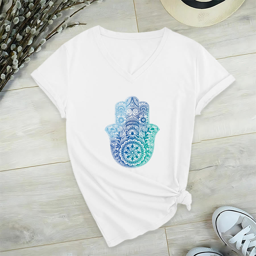 Olivenorma Gradient Hamsa Hand Mandala Print Yoga V-Neck T-Shirt - White - 2XL - image 0