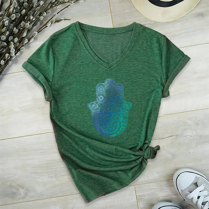 Olivenorma Gradient Hamsa Hand Mandala Print Yoga V-Neck T-Shirt - Dark Green - 2XL - image 21