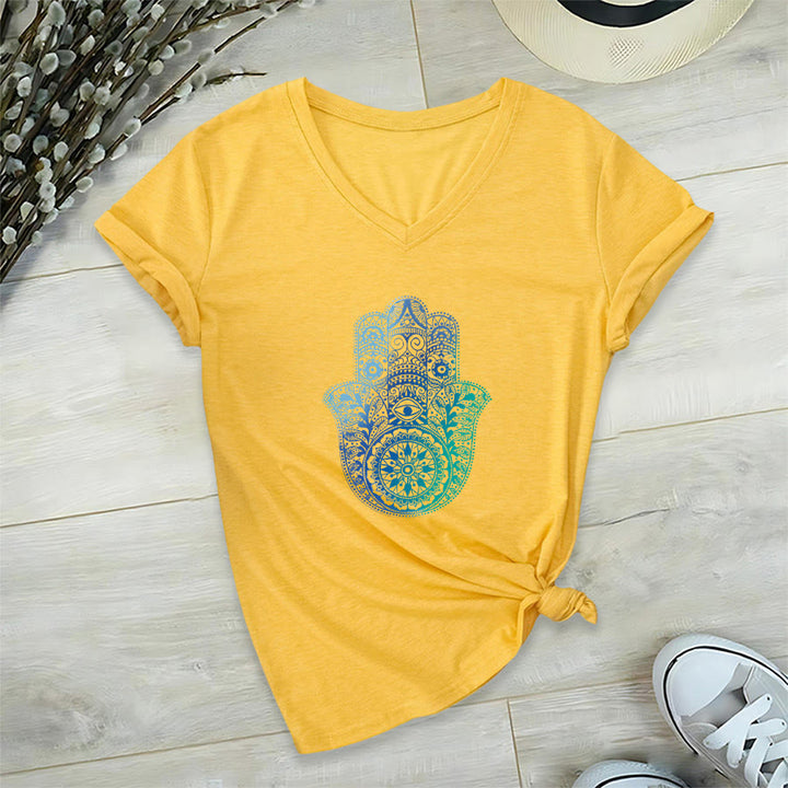 Olivenorma Gradient Hamsa Hand Mandala Print Yoga V-Neck T-Shirt - Yellow - 2XL - image 30