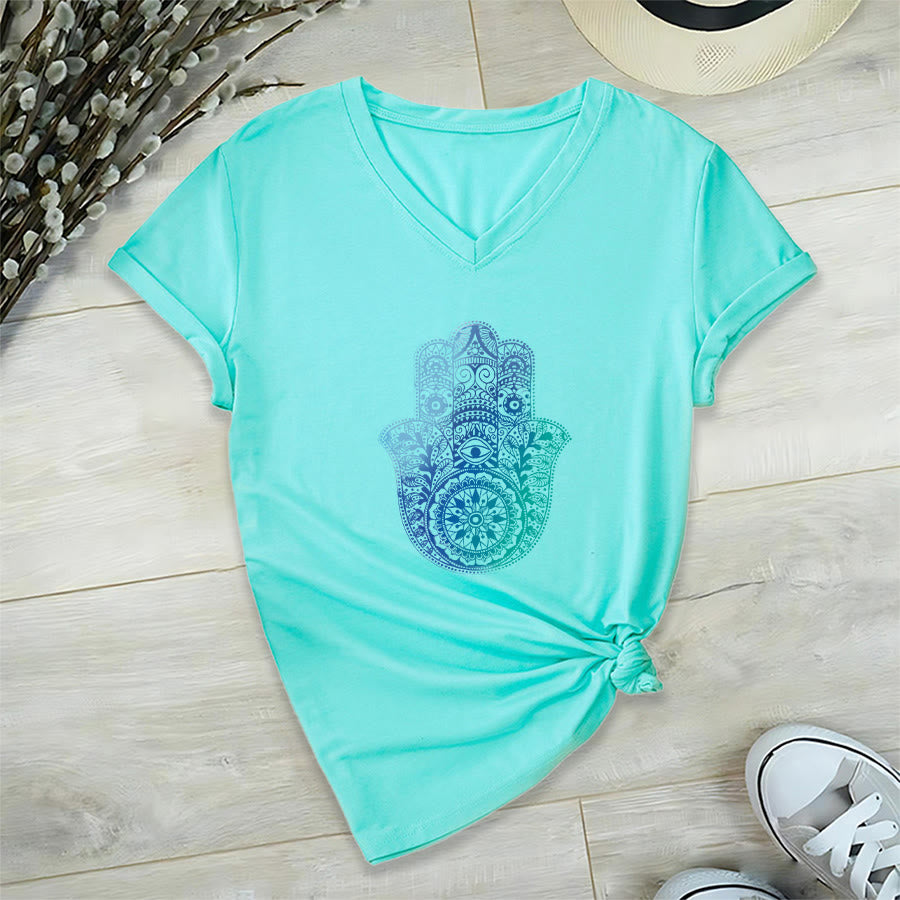 Olivenorma Gradient Hamsa Hand Mandala Print Yoga V-Neck T-Shirt - Lake Blue - 2XL - image 9