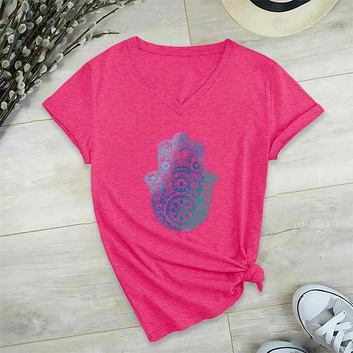 Olivenorma Gradient Hamsa Hand Mandala Print Yoga V-Neck T-Shirt - Rose Red - 2XL - image 33