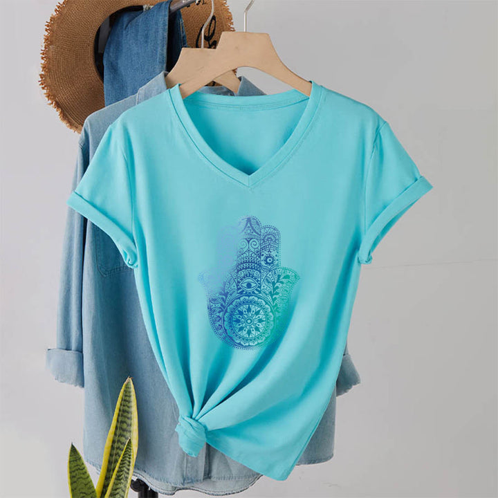 Olivenorma Gradient Hamsa Hand Mandala Print Yoga V-Neck T-Shirt - image 10