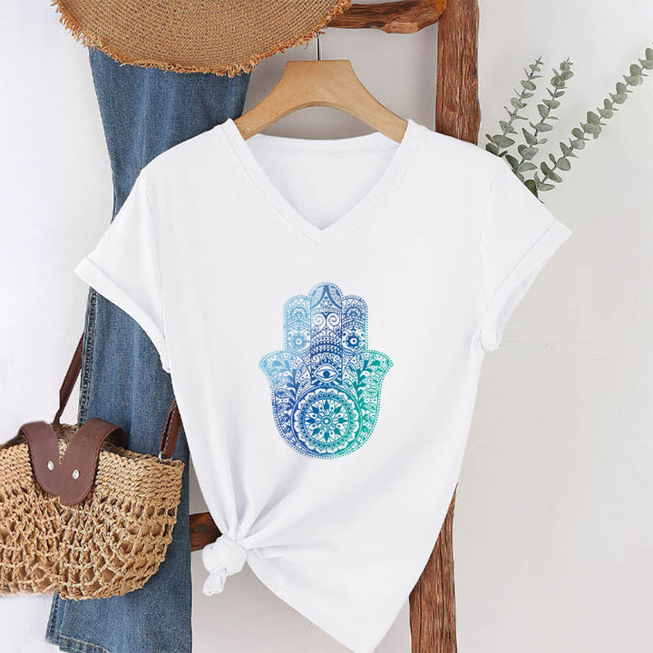 Olivenorma Gradient Hamsa Hand Mandala Print Yoga V-Neck T-Shirt - image 1