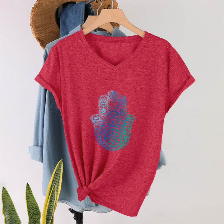 Olivenorma Gradient Hamsa Hand Mandala Print Yoga V-Neck T-Shirt - image 28