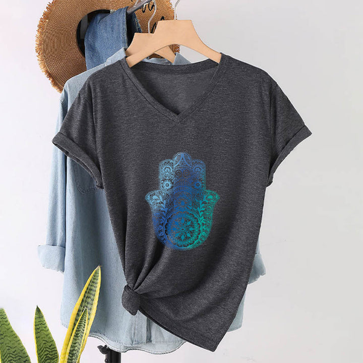 Olivenorma Gradient Hamsa Hand Mandala Print Yoga V-Neck T-Shirt - image 16