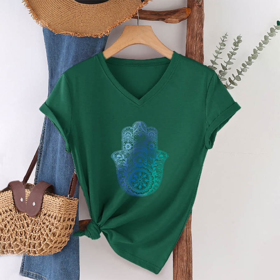 Olivenorma Gradient Hamsa Hand Mandala Print Yoga V-Neck T-Shirt - image 22