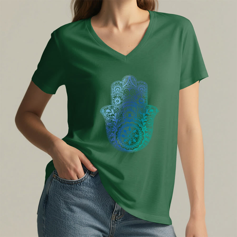 Olivenorma Gradient Hamsa Hand Mandala Print Yoga V-Neck T-Shirt - image 23