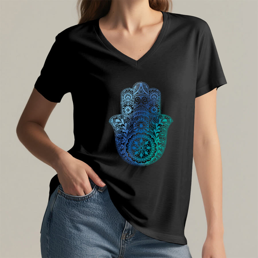 Olivenorma Gradient Hamsa Hand Mandala Print Yoga V-Neck T-Shirt - image 14