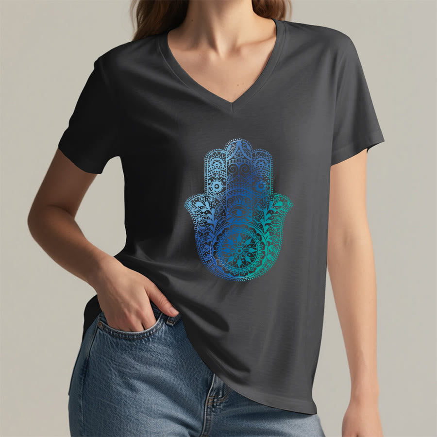 Olivenorma Gradient Hamsa Hand Mandala Print Yoga V-Neck T-Shirt - image 17