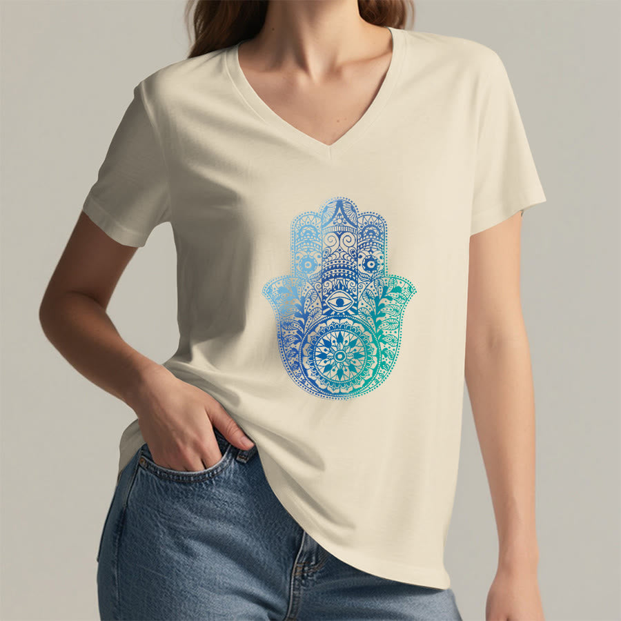 Olivenorma Gradient Hamsa Hand Mandala Print Yoga V-Neck T-Shirt - image 5
