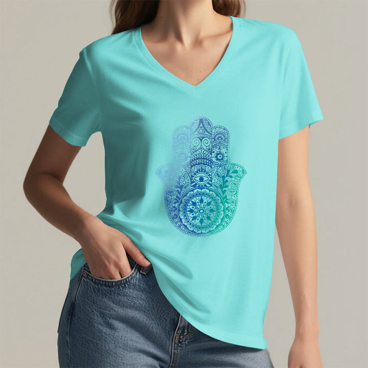 Olivenorma Gradient Hamsa Hand Mandala Print Yoga V-Neck T-Shirt - image 11