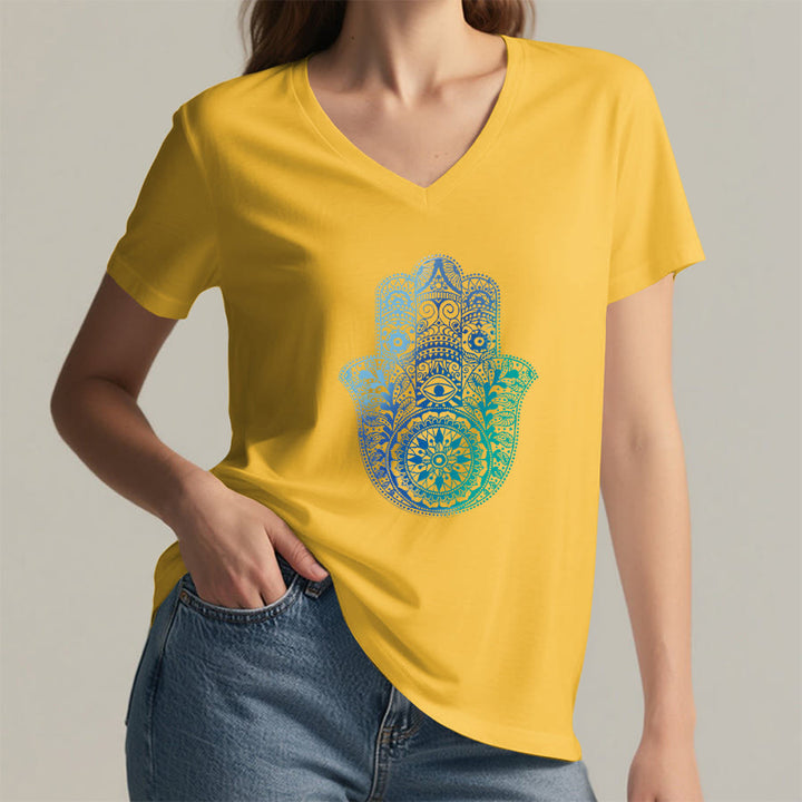 Olivenorma Gradient Hamsa Hand Mandala Print Yoga V-Neck T-Shirt - image 32