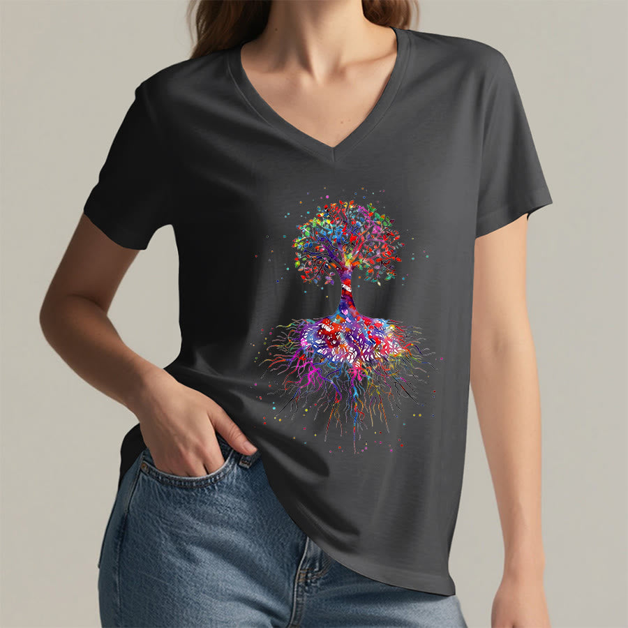Olivenorma Watercolor Tree of Life With Roots Print Yoga V-Neck T-Shirt - image 16