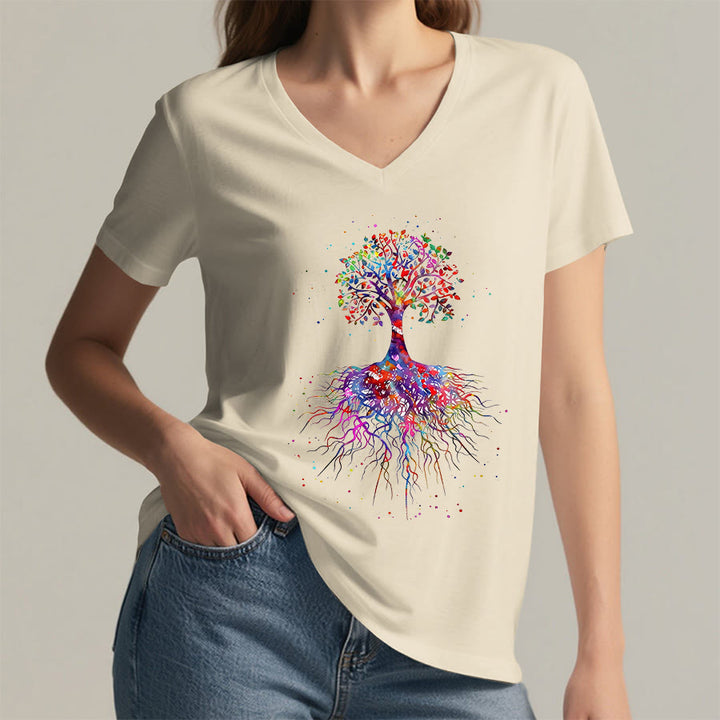 Olivenorma Watercolor Tree of Life With Roots Print Yoga V-Neck T-Shirt - image 4