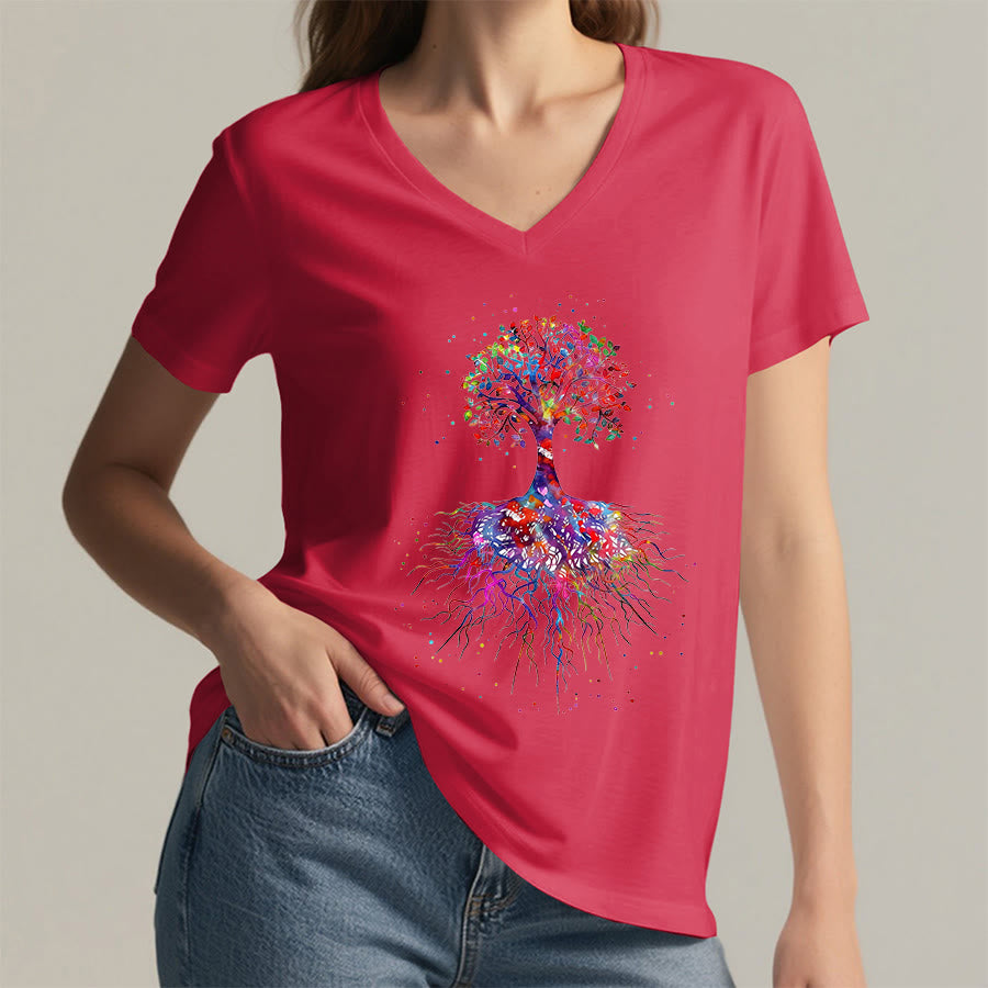 Olivenorma Watercolor Tree of Life With Roots Print Yoga V-Neck T-Shirt - image 28