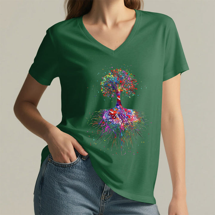 Olivenorma Watercolor Tree of Life With Roots Print Yoga V-Neck T-Shirt - image 22