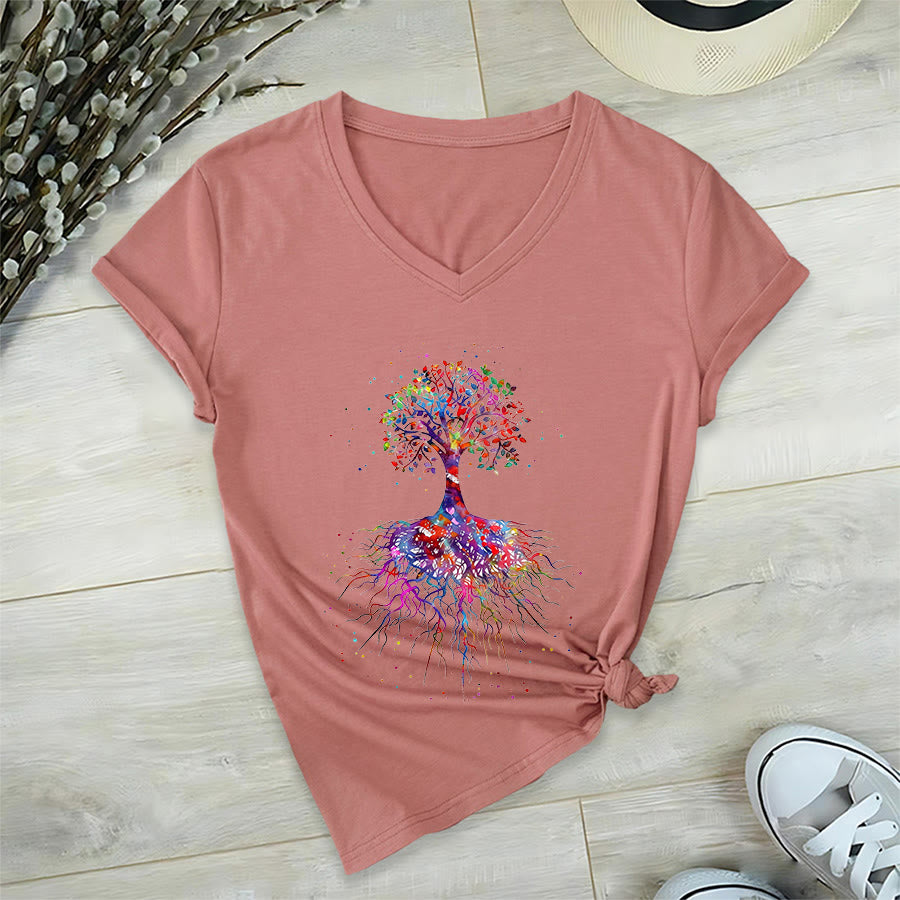 Olivenorma Watercolor Tree of Life With Roots Print Yoga V-Neck T-Shirt - Pink - 2XL - image 6