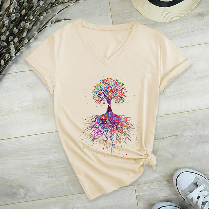 Olivenorma Watercolor Tree of Life With Roots Print Yoga V-Neck T-Shirt - Khaki - 2XL - image 3