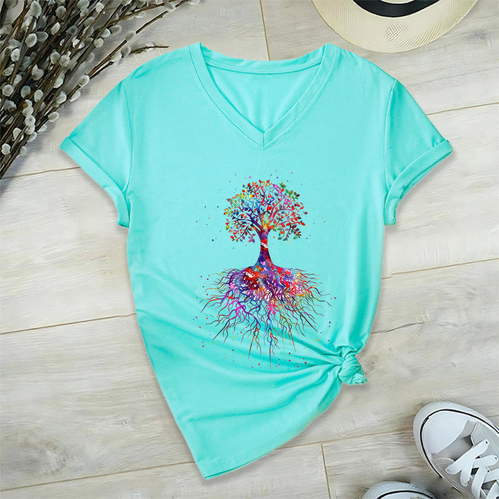 Olivenorma Watercolor Tree of Life With Roots Print Yoga V-Neck T-Shirt - Lake Blue - 2XL - image 9