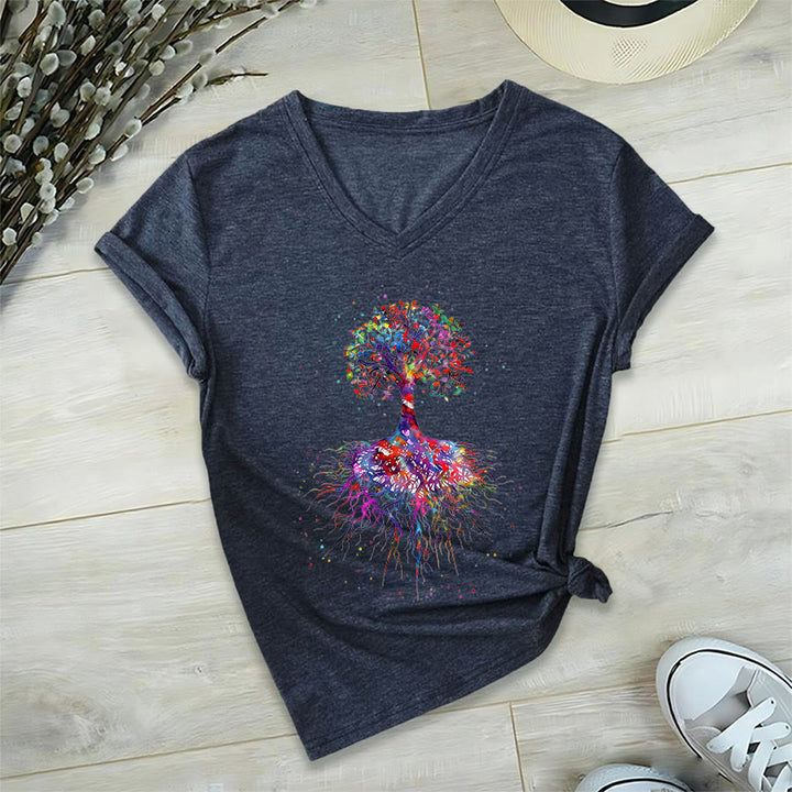 Olivenorma Watercolor Tree of Life With Roots Print Yoga V-Neck T-Shirt - Navy Blue - 2XL - image 18