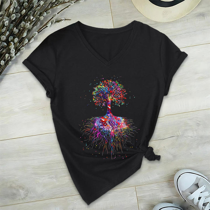 Olivenorma Watercolor Tree of Life With Roots Print Yoga V-Neck T-Shirt - Black - 2XL - image 12