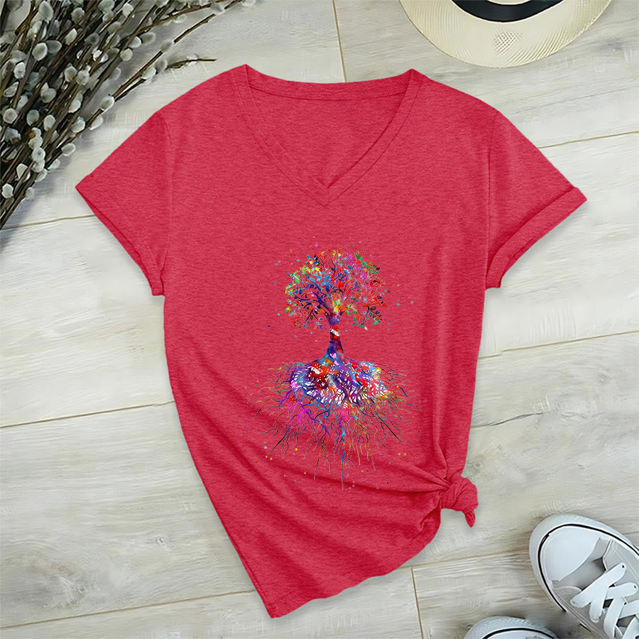 Olivenorma Watercolor Tree of Life With Roots Print Yoga V-Neck T-Shirt - Red - 2XL - image 27