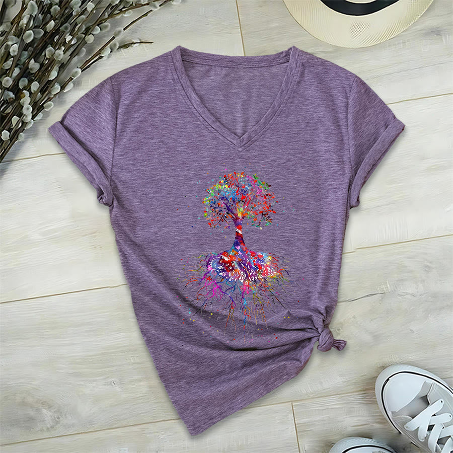 Olivenorma Watercolor Tree of Life With Roots Print Yoga V-Neck T-Shirt - Purple - 2XL - image 36