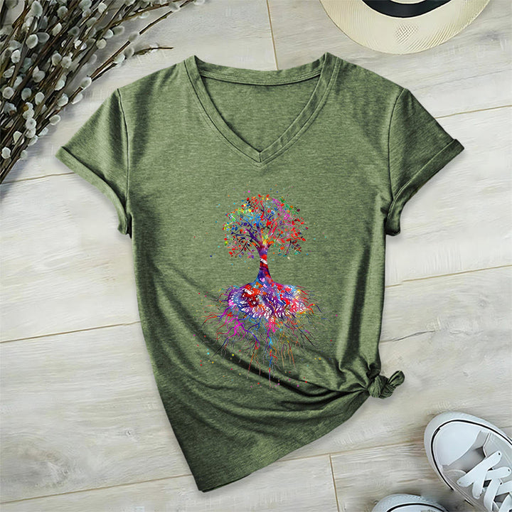 Olivenorma Watercolor Tree of Life With Roots Print Yoga V-Neck T-Shirt - Olive Green - 2XL - image 24