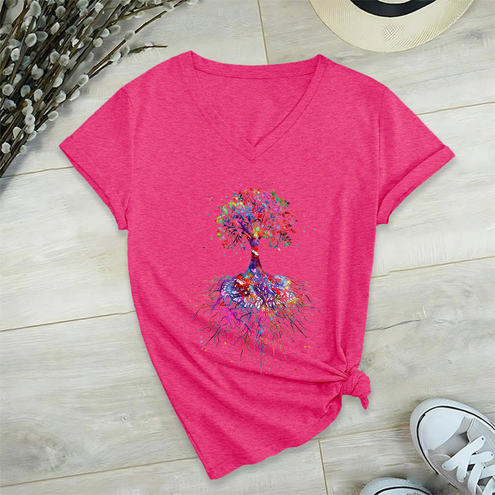 Olivenorma Watercolor Tree of Life With Roots Print Yoga V-Neck T-Shirt - Rose Red - 2XL - image 33