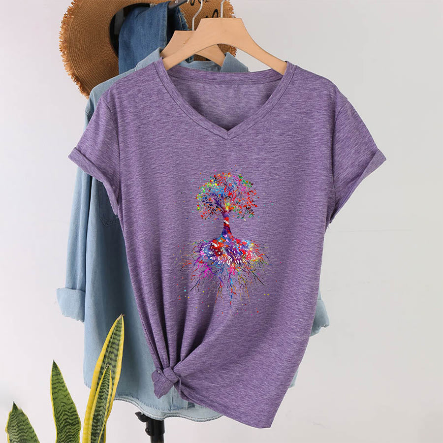 Olivenorma Watercolor Tree of Life With Roots Print Yoga V-Neck T-Shirt - image 38