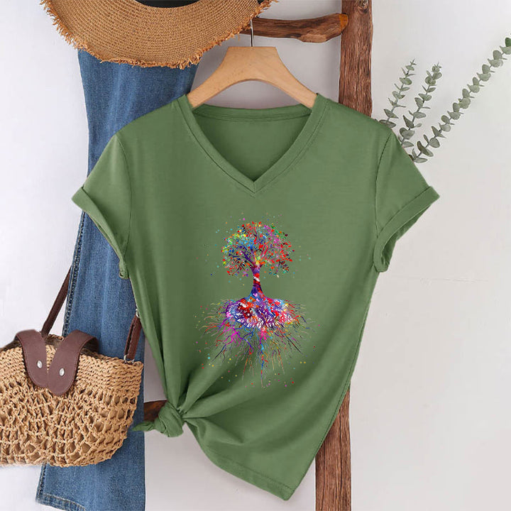 Olivenorma Watercolor Tree of Life With Roots Print Yoga V-Neck T-Shirt - image 26