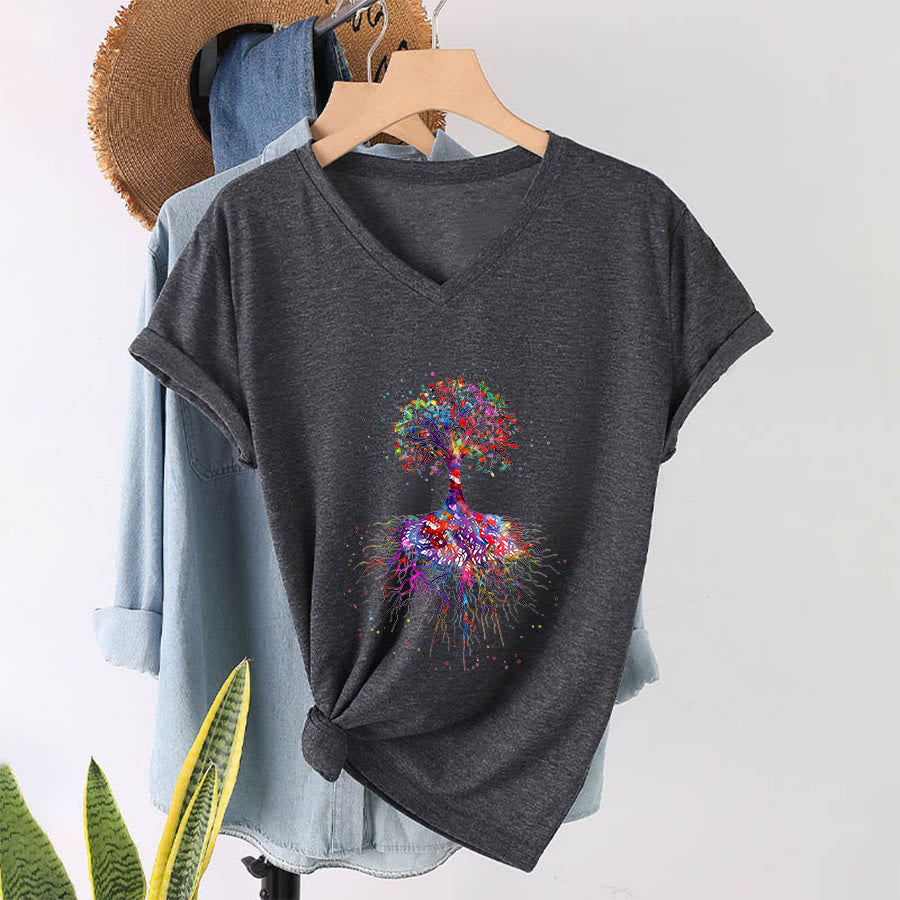 Olivenorma Watercolor Tree of Life With Roots Print Yoga V-Neck T-Shirt - image 17