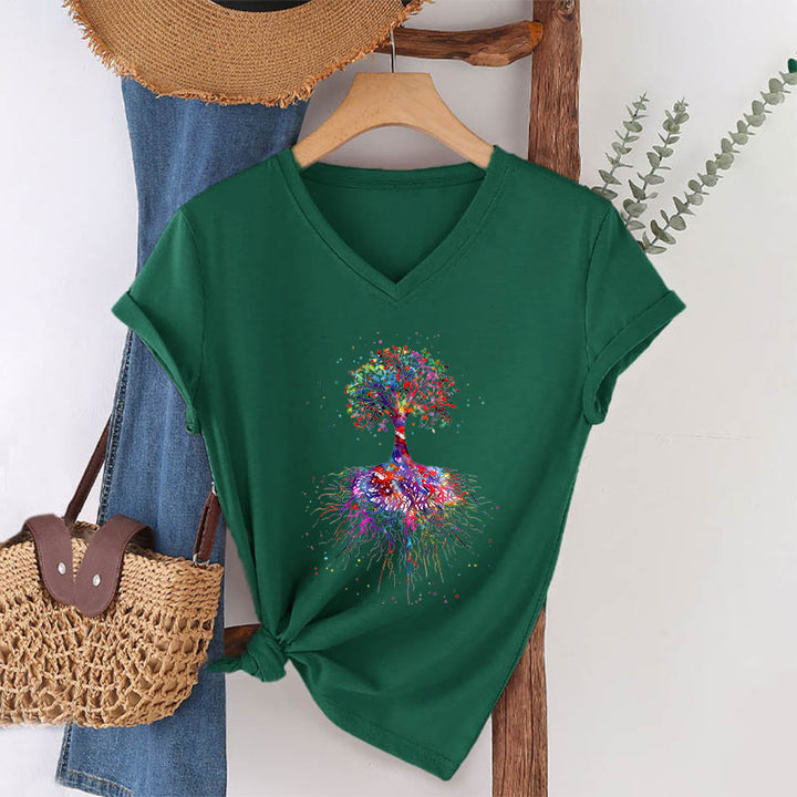 Olivenorma Watercolor Tree of Life With Roots Print Yoga V-Neck T-Shirt - image 23