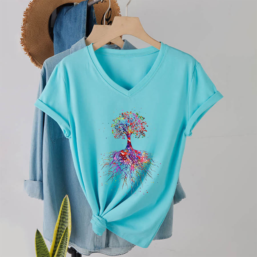 Olivenorma Watercolor Tree of Life With Roots Print Yoga V-Neck T-Shirt - image 11