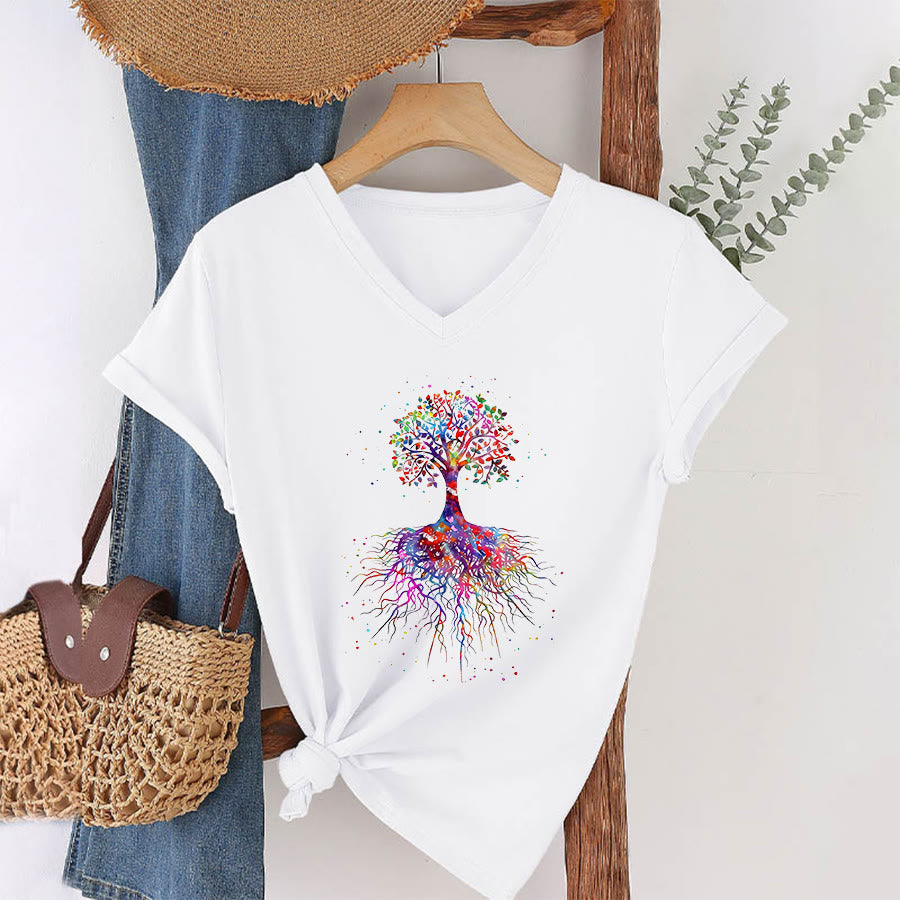 Olivenorma Watercolor Tree of Life With Roots Print Yoga V-Neck T-Shirt - image 2