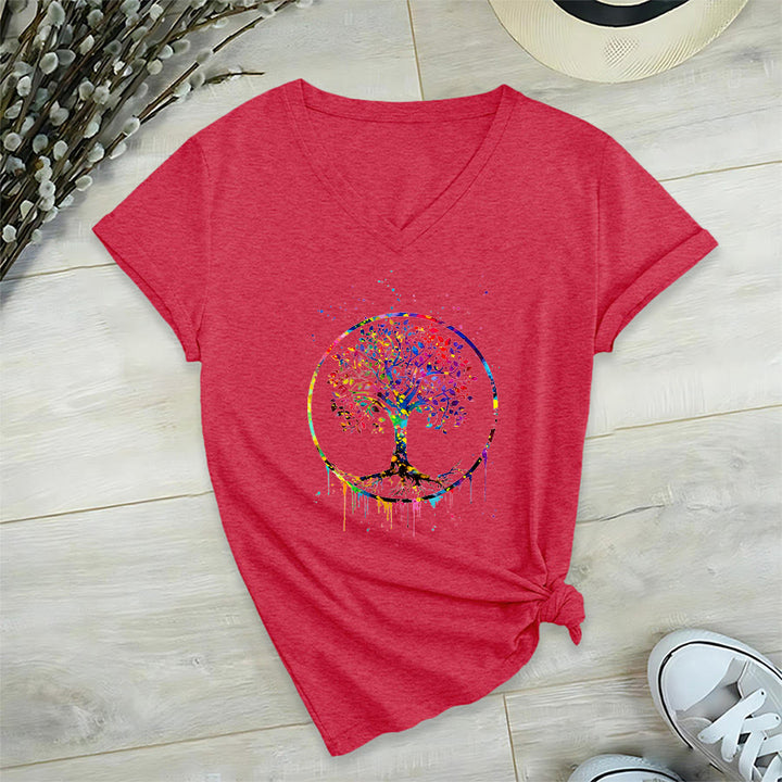 Olivenorma Spiritual Circular Tree of Life Graphic V-Neck T-Shirt - Red - 2XL - image 27