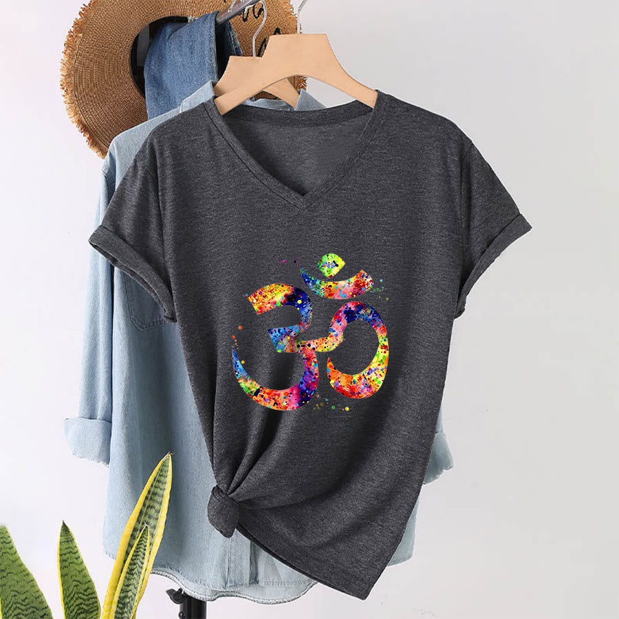 Olivenorma Splatter Art Om Symbol Watercolor Design V-Neck T-Shirt - Gray - 2XL - image 15