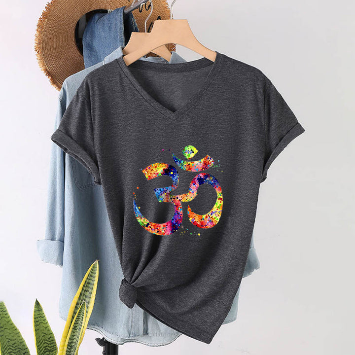 Olivenorma Splatter Art Om Symbol Watercolor Design V-Neck T-Shirt - Gray - 2XL - image 15