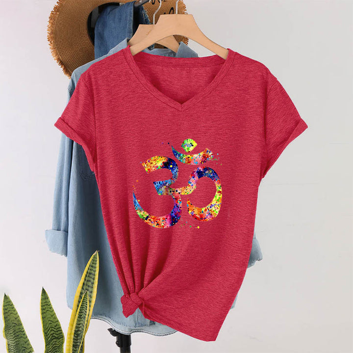 Olivenorma Splatter Art Om Symbol Watercolor Design V-Neck T-Shirt - Red - 2XL - image 27