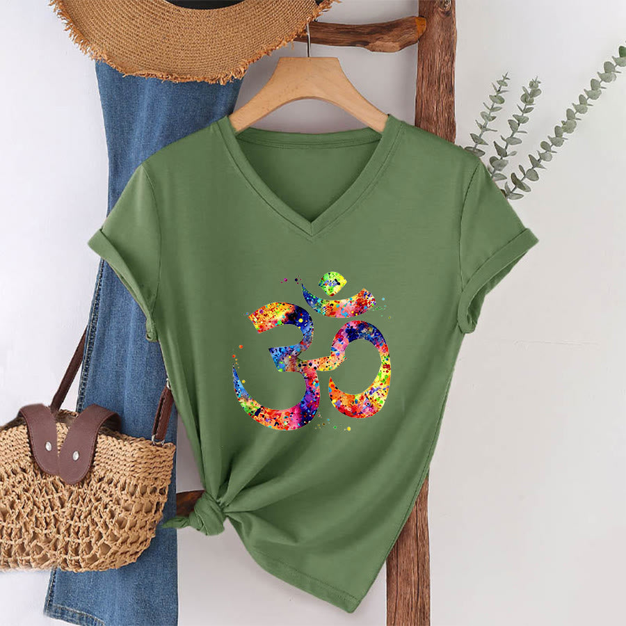 Olivenorma Splatter Art Om Symbol Watercolor Design V-Neck T-Shirt - Olive Green - 2XL - image 24