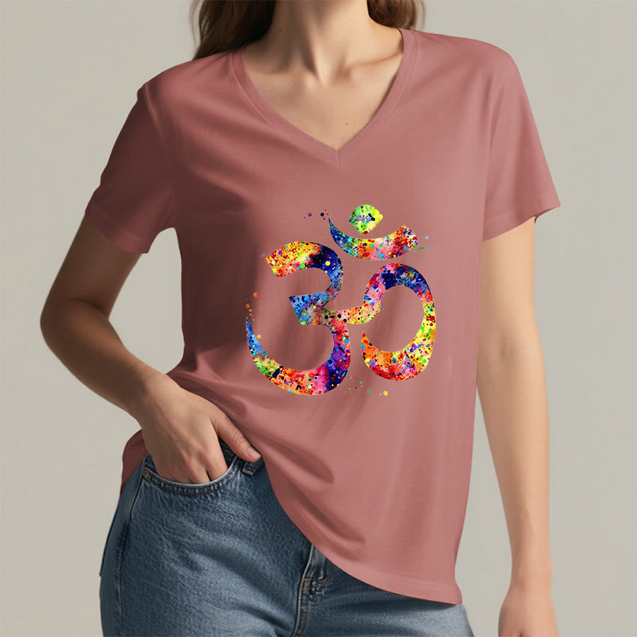 Olivenorma Splatter Art Om Symbol Watercolor Design V-Neck T-Shirt - image 7