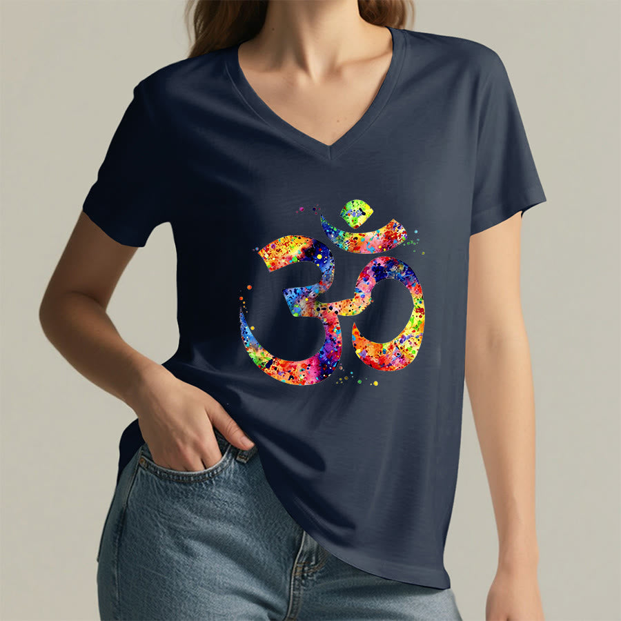 Olivenorma Splatter Art Om Symbol Watercolor Design V-Neck T-Shirt - image 19