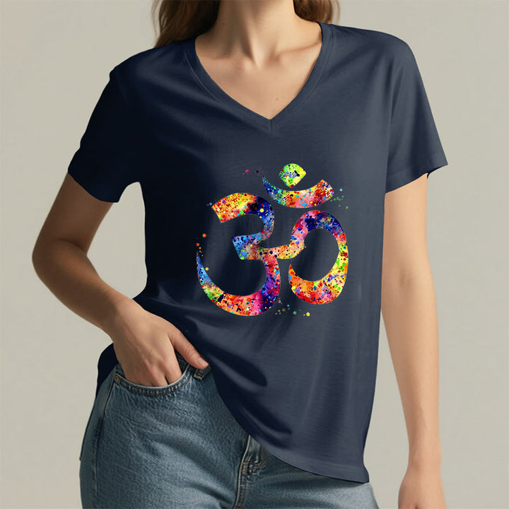 Olivenorma Splatter Art Om Symbol Watercolor Design V-Neck T-Shirt - image 19
