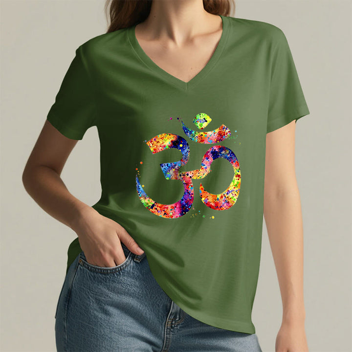 Olivenorma Splatter Art Om Symbol Watercolor Design V-Neck T-Shirt - image 25