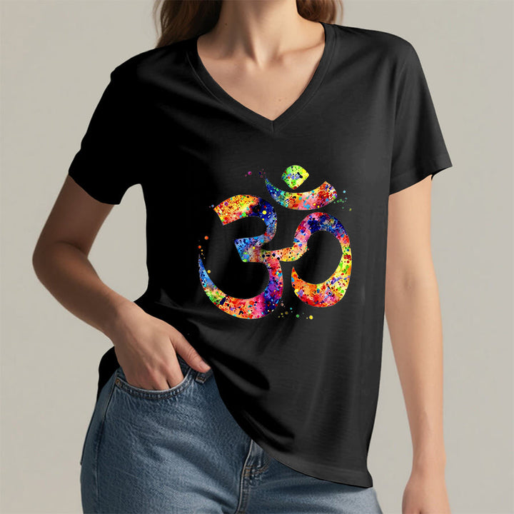 Olivenorma Splatter Art Om Symbol Watercolor Design V-Neck T-Shirt - image 13