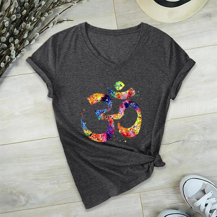 Olivenorma Splatter Art Om Symbol Watercolor Design V-Neck T-Shirt - image 17