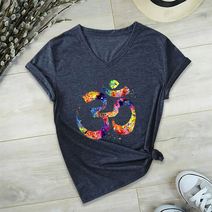 Olivenorma Splatter Art Om Symbol Watercolor Design V-Neck T-Shirt - image 20