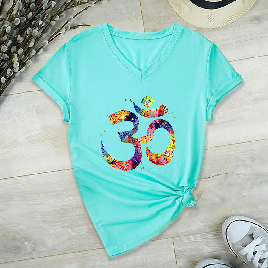 Olivenorma Splatter Art Om Symbol Watercolor Design V-Neck T-Shirt - image 11