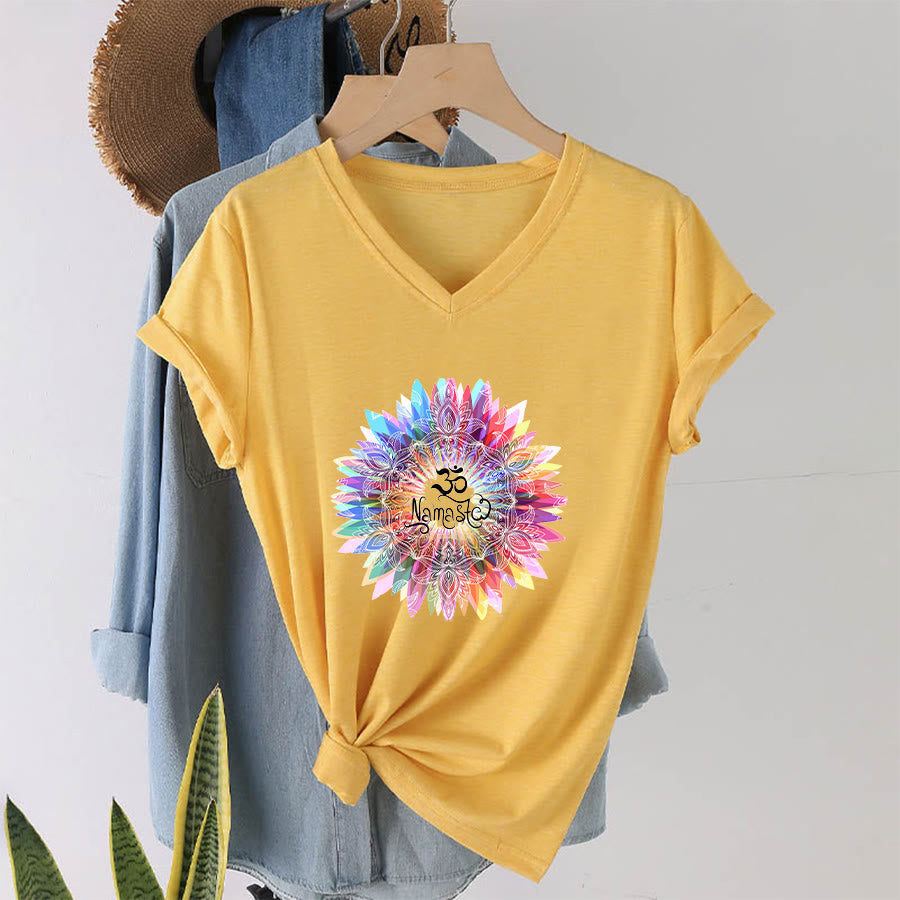 Olivenorma Zen Inspired Mandala Om Namaste V-Neck T-Shirt - Yellow - 2XL - image 30