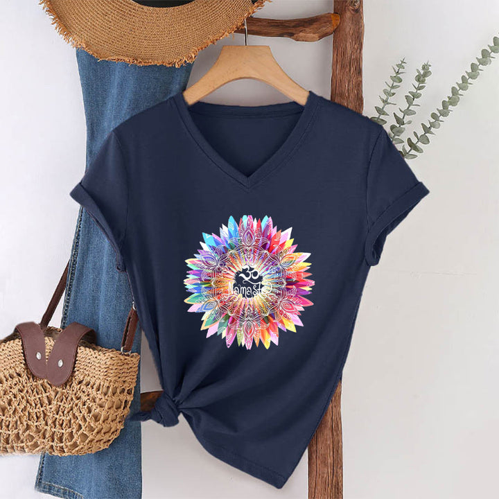 Olivenorma Zen Inspired Mandala Om Namaste V-Neck T-Shirt - Navy Blue - 2XL - image 18
